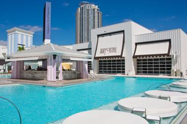The pool and exterior of the Foxtail lounge at SLS Las Vegas before the resort opened to guests. 