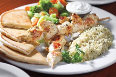 Our favorite dish on this menu is the chicken souvlaki plate with rice pilaf, warm pita and creamy tzatziki.