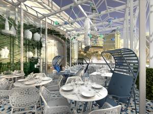 A rendering of Lago's patio overlooking Bellagio's fountains.