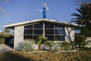 A copy of the Blue Angel stands atop a Las Vegas home