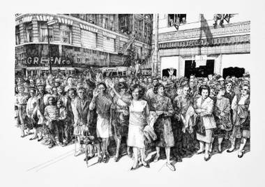 Deborah Aschheim’s “November 22, 1963 (Main Street)” 2013, ink on Duralar, 34-by-45½ inches