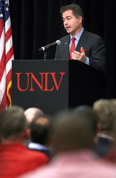 UNLV's new president outlined his future plans and fielded questions during the public meeting.