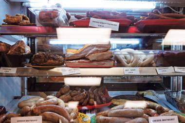 Sausages like the Hungarian gyulai, charcuterie, chicken blintzes and more.