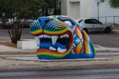 A jaguar head by Miguel Rodriguez for Clark County’s Centered Art Project adorns the traffic median outside Winchester Cultural Center, 3130 McLeod Drive, June 29, 2016. 