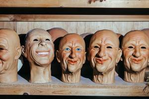 Faces with moving mouths made of rigid latex sit on the production shelf waiting to be used for future animated characters at Characters Unlimited in Boulder City,NV on July 8, 2016.