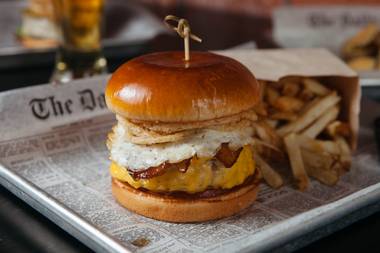 Breakfast or lunch? Bar Code’s Degenerate Hangover Burger covers both.