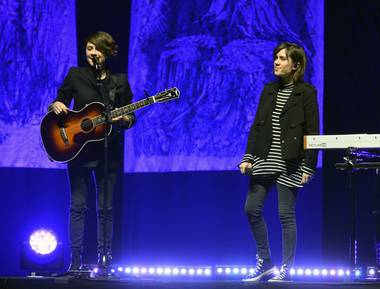 Tegan, left, and Sara, performing Saturday night at the Pearl.