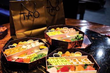 The selection of favorites includes two signature sushi rolls, nine pieces of nigiri or sashimi, two pieces each of spicy tuna and yellowtail on crispy rice, edamame and Tao-branded tamago.