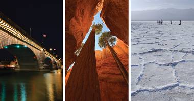 (Left to right) Lake Havasu’s London Bridge; Bryce Canyon and Death Valley