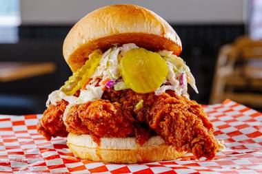 Spice up the North Las Vegas joint’s eponymous sandwich—two juicy breast “tenders”, plus pickles and coleslaw—with the house-made Spenser’s Revenge mango-habanero sauce.