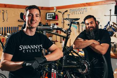 From left, co-owners Joseph Garey and Zabi Naqshband at Swanny’s Cycles.