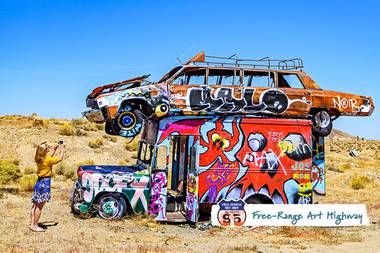 Get ready to really put the "trip" in road trip from Las Vegas, visiting kaleidoscopic boulder towers, a forest of junk cars, a ghost town sculpture garden & other art-tastic, oddball attractions on the Free-Range Art Highway.  