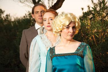 (Left to right) Rob McGinness as F. Scott Fitzgerald, Kayla Wilkens as Zelda 1924 and Athena Mertes as Zelda 1918 in The Ghosts of Gatsby