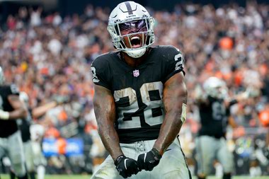Raiders running back Josh Jacobs celebrates a touchdown against the Denver Broncos October 2 at Allegiant Stadium.
