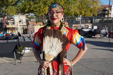 Sol Martinez in regalia for a land acknowledgement ceremony at Las Vegas Indian Center