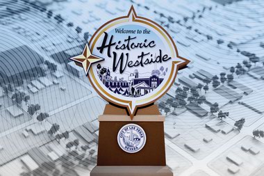 The Welcome to the Historic Westside sign, located at the offramp of U.S. 95 South and Martin Luther King Boulevard