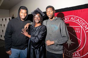 LaTasha Fobbs with sons Nehemiah, left, and Tyrell at the Class of Winter 2023 graduation ceremony at the Culinary Academy of Las Vegas.