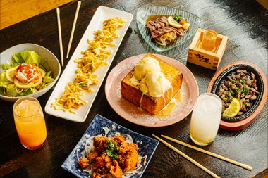 Ichiza Hanare’s beef tataki, salmon ikura salad, honey toast, corn butter and spicy tangy fried chicken