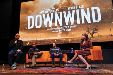From left: Co-director Mark Shapiro, co-director Douglas Brian Miller, Principal Man of the Western Bands of the Shoshone Nation Ian Zabarte and journalist Paulina Bucka take part in a panel discussion after a showing of the documentary Downwind at the Beverly Theater.
