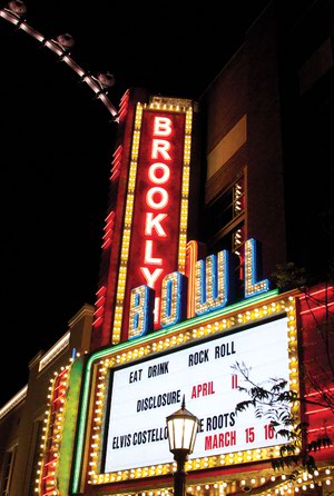 Brooklyn Bowl’s marquee in the Linq Promenade shows some of its opening acts in March 2014. 