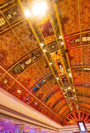 The Trop’s storied stained-glass ceiling over the main casino floor.