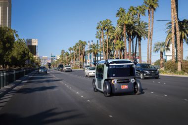 A Zoox car on the Las Vegas Strip.