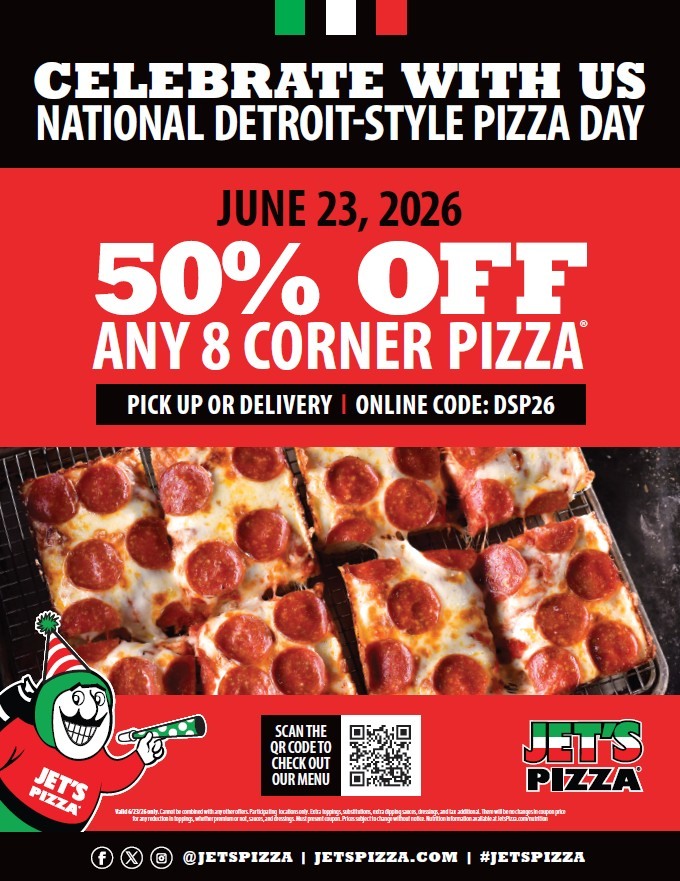 Jet’s Pizza Celebrates National Detroit-Style Pizza Day On June 23 With 50% Off 8 Corner&nbsp;Pizzas