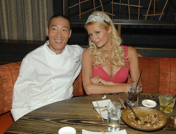 Paris Hilton and chef Back at the grand opening of Yellowtail Sushi.