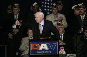 John McCain warms up the crowd of disabled veterans Saturday, Aug. 9, 2008,
at Bally's. The veterans also heard from Sen. Barack Obama, by videotape.
