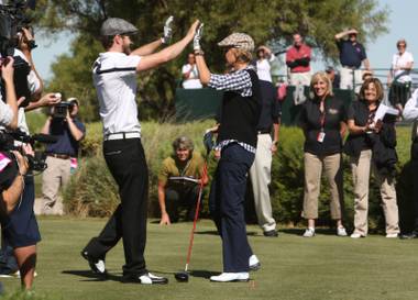 Justin Timberlake congratulates comedienne and television host Ellen DeGeneres after a drive off the first tee during the Justin Timberlake Shriners Hospitals for Children Open Celebrity Pro-Am at TPC Summerlin in Las Vegas on Wednesday October 15, 2008. The tournament, part of the PGA Tour’s fall series, will be played through Sunday and televised on the Golf Channel.