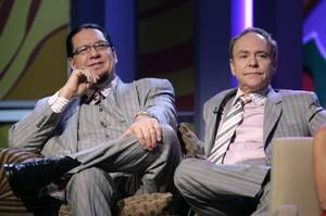 Penn & Teller, the night's other celebrated comedy team, wait their turn onstage.