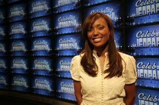The new set of the game show 'Jeopardy!' debuted at CES. The set includes 36 new high-def Sony televisions and one original Alex Trebek. Aisha Tyler, one of the celebrity contestants, poses for a portrait.