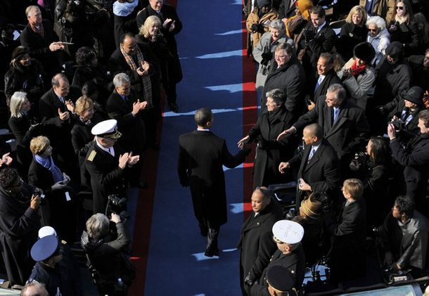 Barack Obama arrives for his inauguration at the U.S. Capitol in Washington. 
