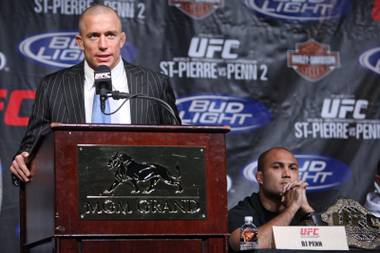 UFC welterweight champion Georges St. Pierre, left, of Montreal, Quebec, speaks about his opponent, lightweight champ B.J. Penn of Hilo, Hawaii, during a news conference Wednesday, Jan. 28, 2009. The two headline UFC 94 on Saturday night at the MGM Grand in a rematch of their first fight three years ago that St. Pierre won by split decision.