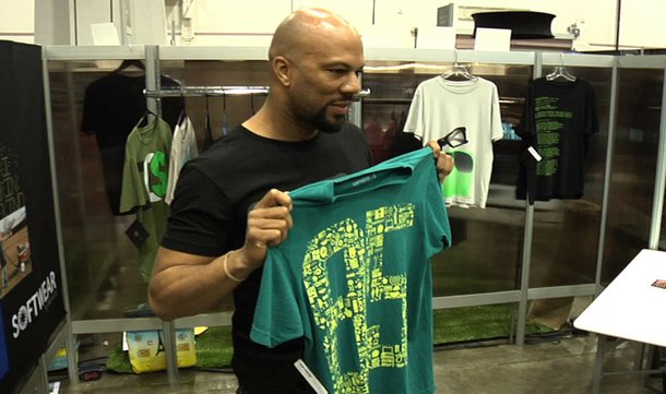Common stopped by the Microsoft Softwear booth at MAGIC Wednesday morning to show off his new designs with the line. He partnered with Microsoft in December to design vintage-inspired tees that tap into the nostalgia of the earliest computer.