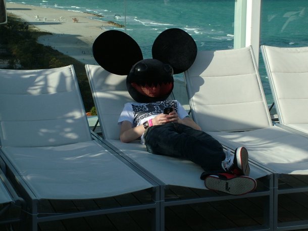 Deadmau5 chills at Ultra's rooftop pool party in Miami during WMC 2009.