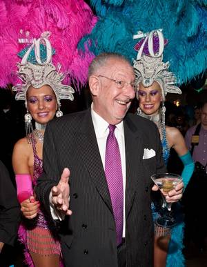Mayor Oscar Goodman and showgirls at his 70th birthday celebration at the Golden Nugget on July 31.