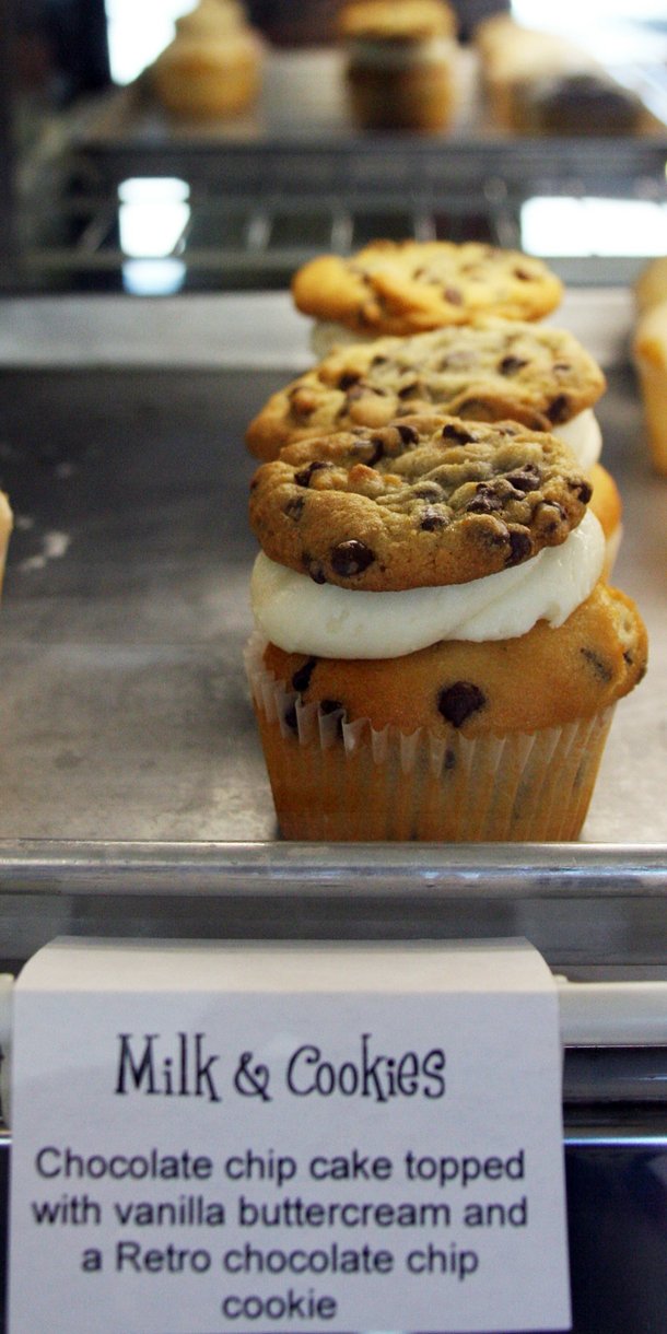 Retro Bakery's popular Milk and Cookies cupcake is a best of both worlds creation that comes topped with a chocolate chip cookie.