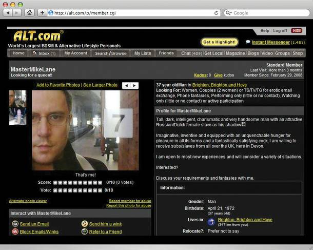 A screen grab of Michael Lane's alt.com profile.