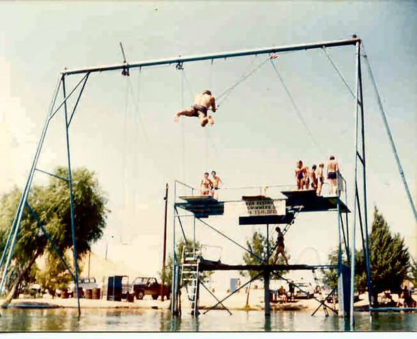 Trapeze swings at Lake Dolores in the 1970s.