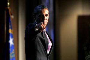 President Barack Obama points into the crowd after campaign rally for Senate Majority Leader Harry Reid on Thursday at Aria.