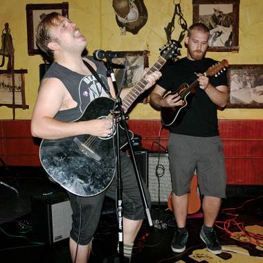 Two-man band Holding on to Sound’s Mains (left) and The Core’s Frabbiele go acoustic.