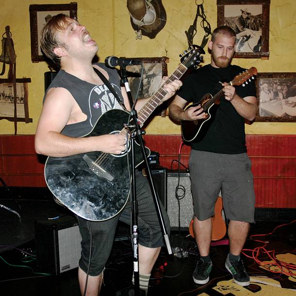 Two-man band Holding on to Sound's Mains (left) and The Core's Frabbiele go acoustic.