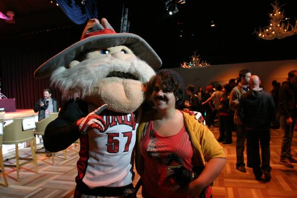 You'll never catch Hey Reb not sporting his 'stache! The UNLV mascot hams it up for a photo with a mustached alumnus Amy Adler.