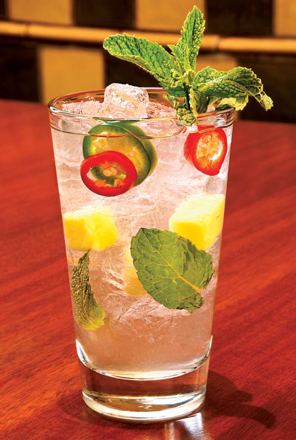 Garnished with sliced jalapeno peppers, this is definitely not your ordinary mojito.