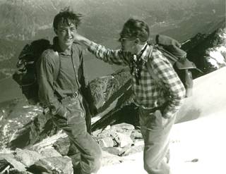 Marcel Barel (left) hiking in the Engadine Valley in Switzerland around age 20.