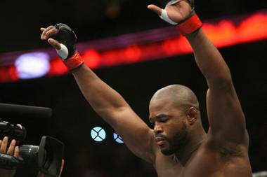 Rashad Evans reacts at a UFC 133 light heavyweight fight at the Wells Fargo Center in Philadelphia, Saturday, Aug. 6, 2011. Evans defeated Tito Ortiz in the bout.