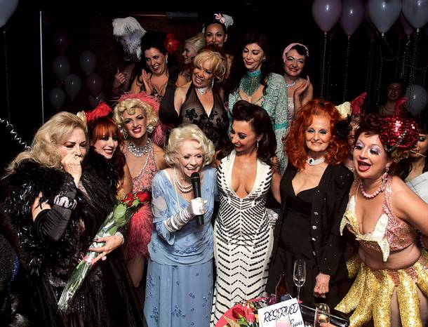 Burlesque friends celebrate Dixie Evans' 85th birthday at the Royal Resort.