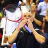 Andre Agassi blows a kiss to the crowd after beating Pete Sampras during the Las Vegas stop of the 2011 Champions Series Tennis tournament Saturday, Oct. 15, 2011.