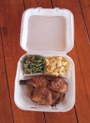 Road Kill Grill's filling half-chicken dinner, with mac and cheese and green beans.